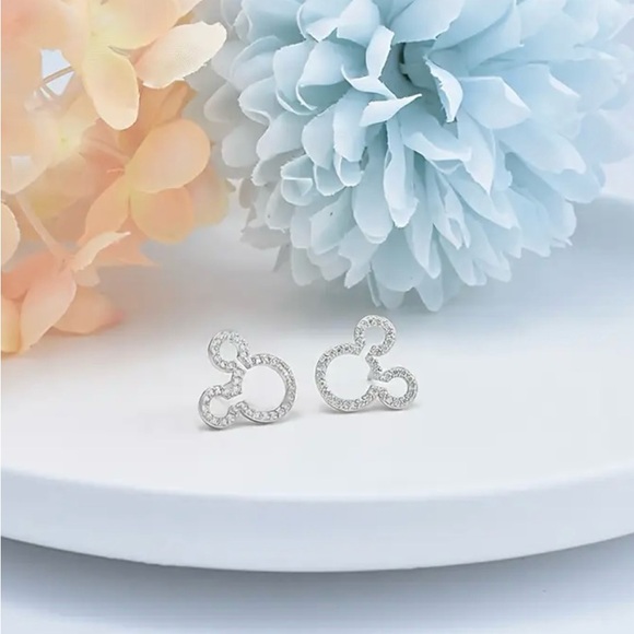 NEW STERLING SILVER MICKEY MOUSE EARRINGS CRYSTAL/SILVER OUTLINE STUD EARRINGS - Picture 4 of 5